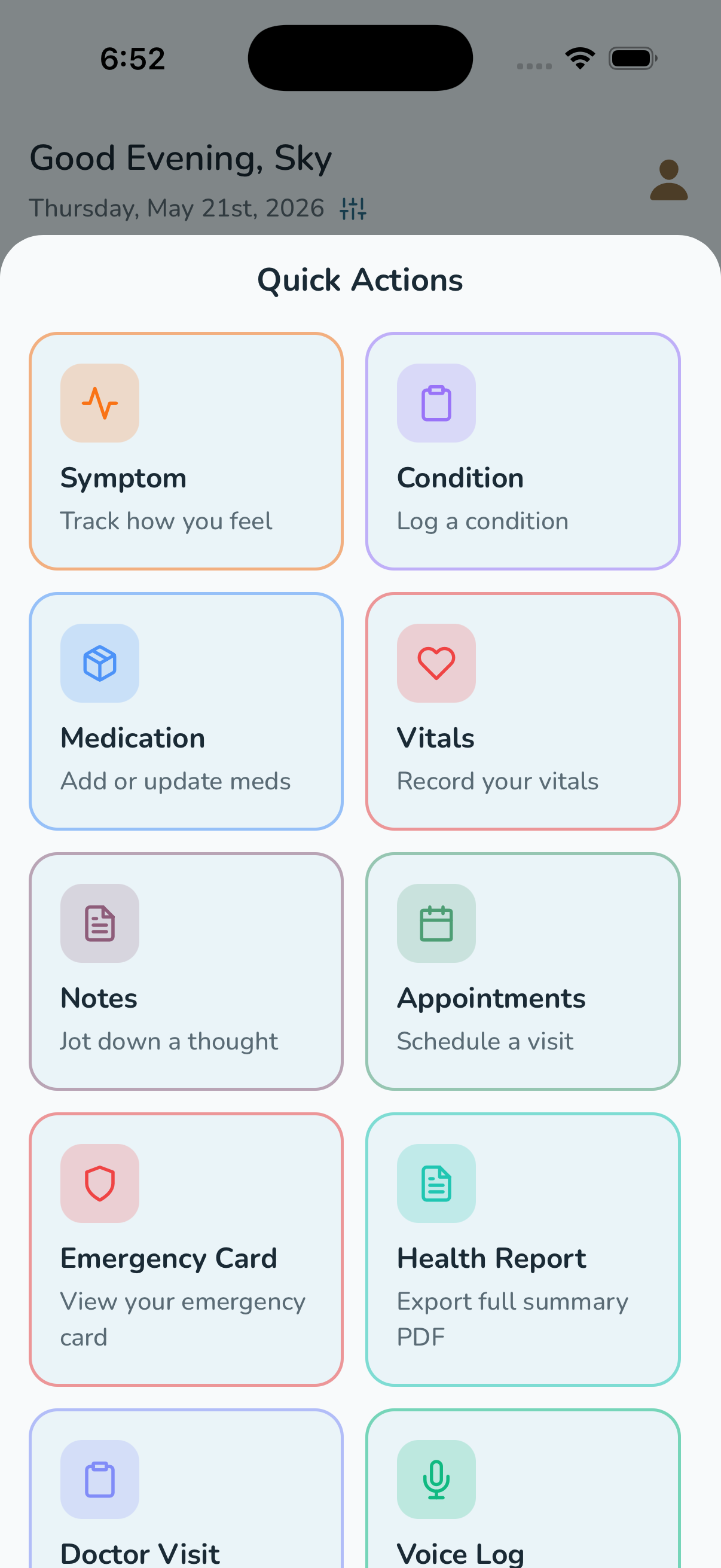 Tralo quick log button expanded, showing symptom, mood, and medication options