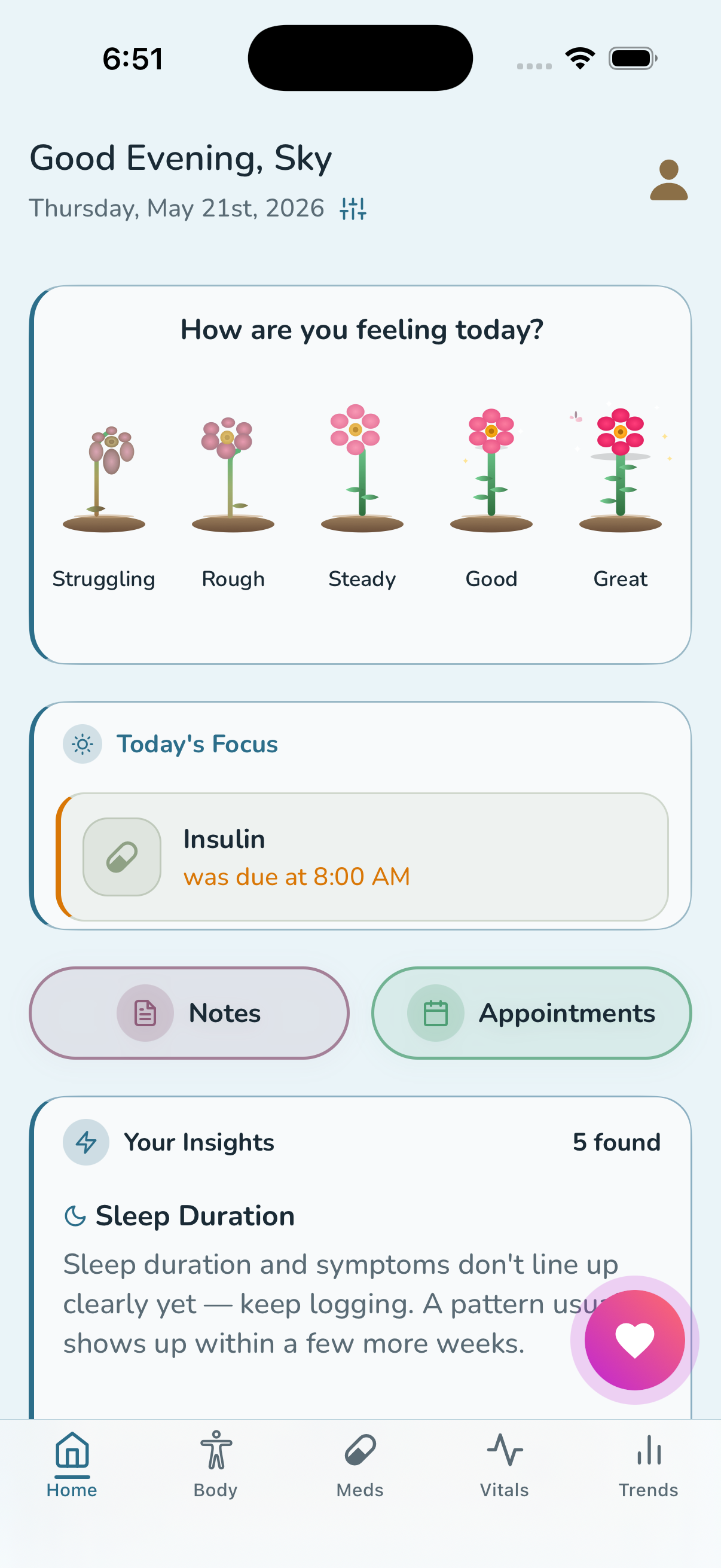 Tralo home screen showing Flora mood companion and today's medications