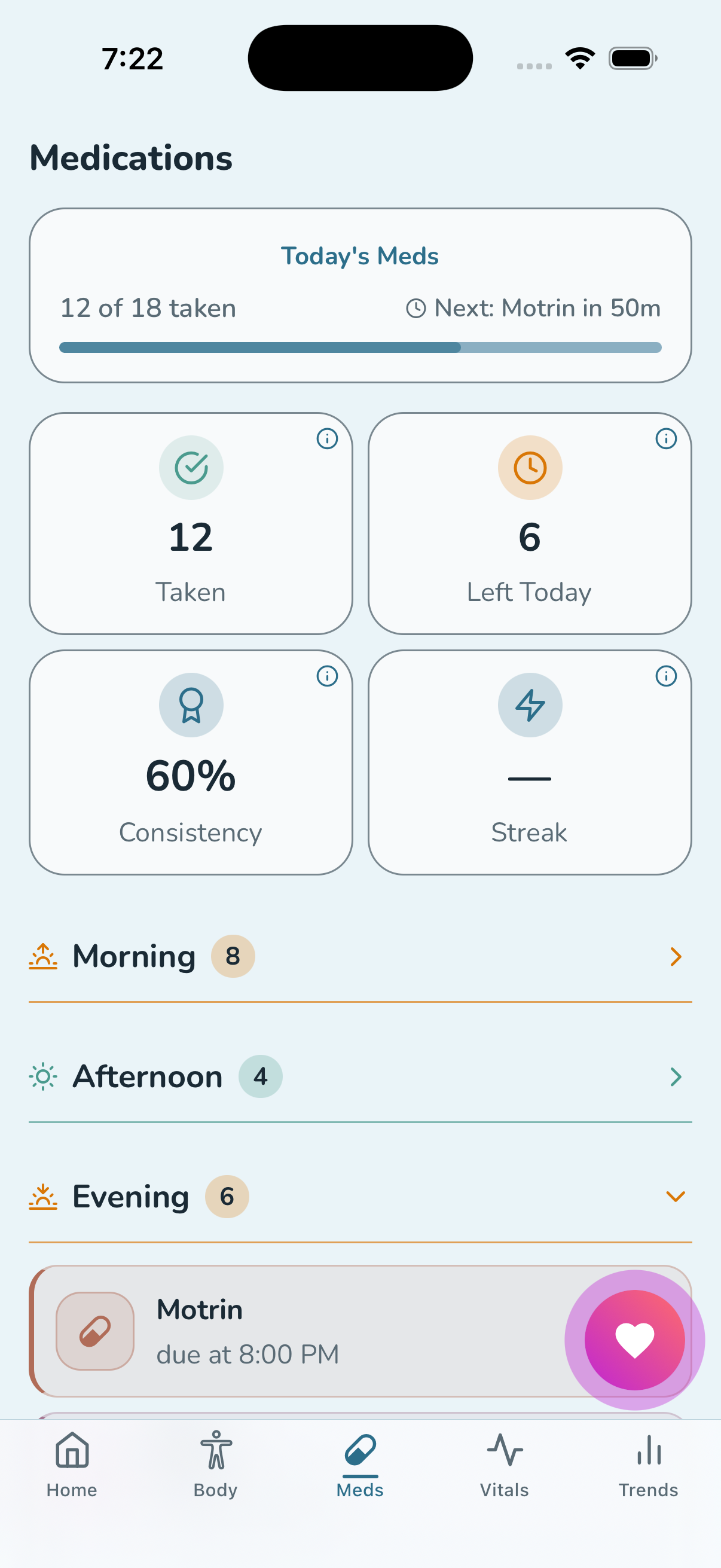 Tralo medications tab showing daily schedule with morning, afternoon, and evening sections